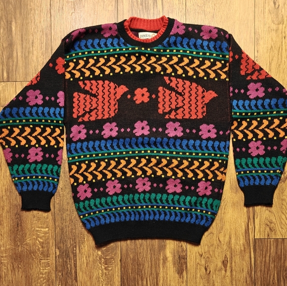 Vintage Sweater Pandora Dove Floral Knit Multicolor 90s Women's Small Pullover‎ - Picture 2 of 6
